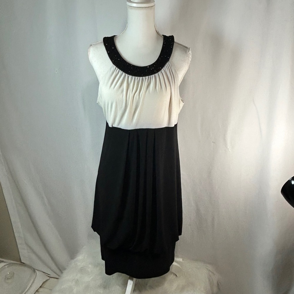 Eliza J New York Black Ivory Beaded Neckline Sheath Dress Women Size 14‎